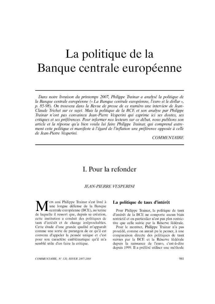 La politique de la Banque centrale européenne. I. Pour la refonder
 – page 1