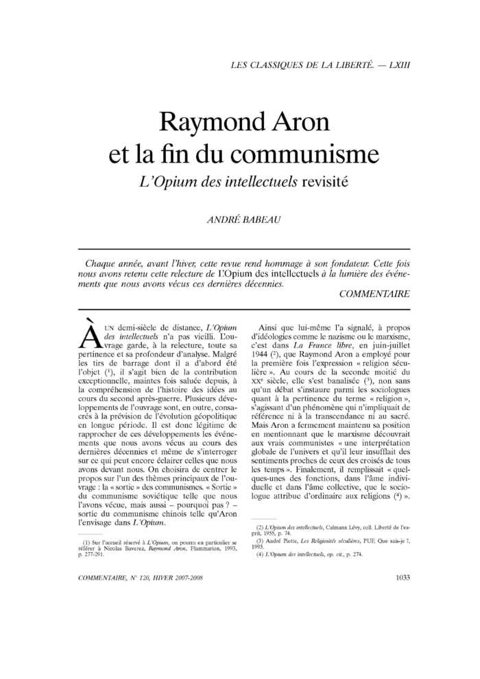 Raymond Aron et la fin du communisme. L’Opium des intellectuels revisité
 – page 1