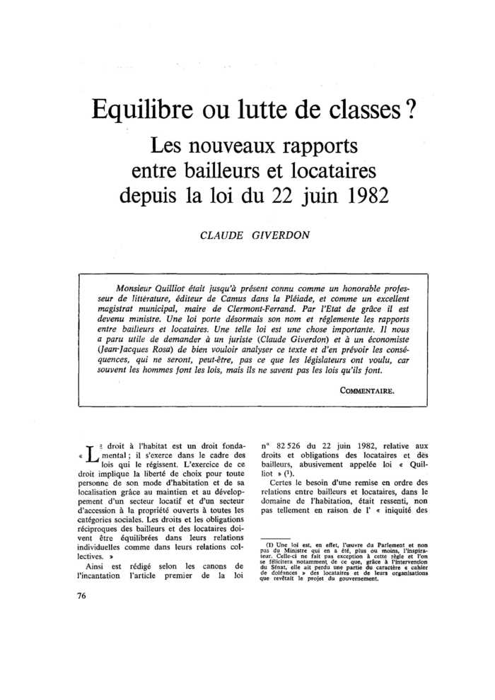 Équilibre ou lutte de classes ? Les nouveaux rapports entre bailleurs et locataires depuis la loi du 22 juin 1982
 – page 1