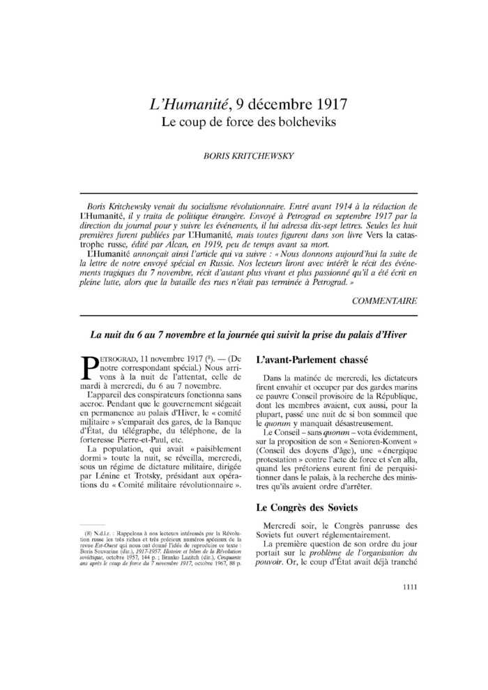 L’Humanité, 9 décembre 1917. Le coup de force des bolcheviks
 – page 1