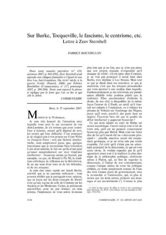 Sur Burke, Tocqueville, le fascisme, le centrisme, etc. Lettre à Zeev Sternhell
 – page 1