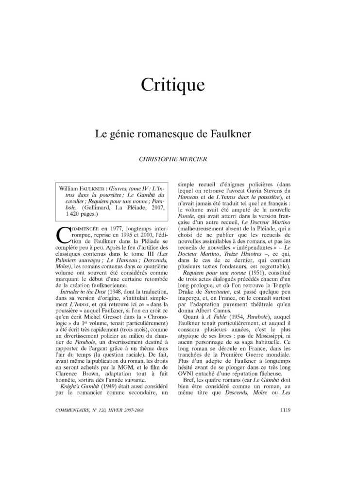 Le génie romanesque de Faulkner
 – page 1