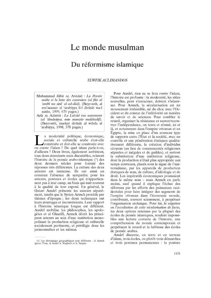 Le monde musulman. Du réformisme islamique
 – page 1