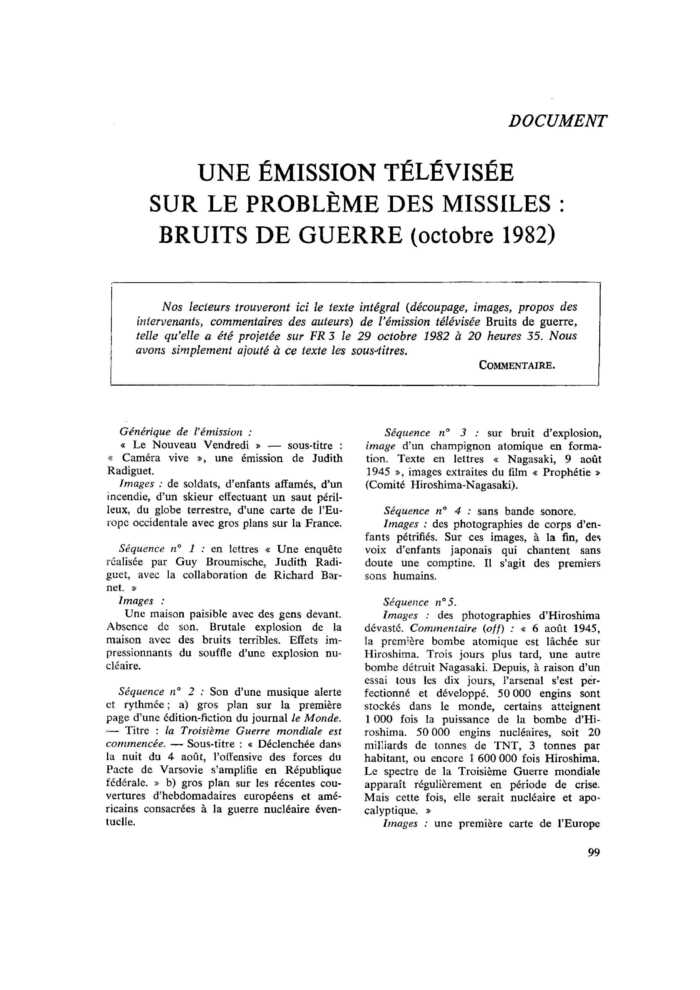 Une émission télévisée sur le problème des missiles : Bruits de guerre (octobre 1982)
 – page 1