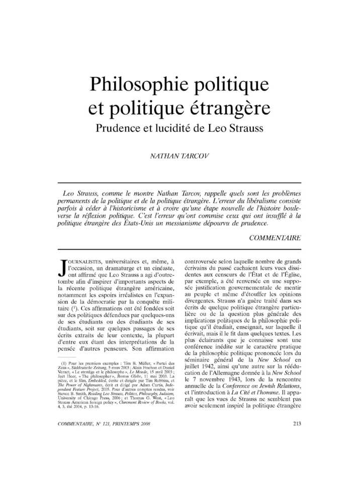 Philosophie politique et politique étrangère. Prudence et lucidité de Léo Strauss
 – page 1