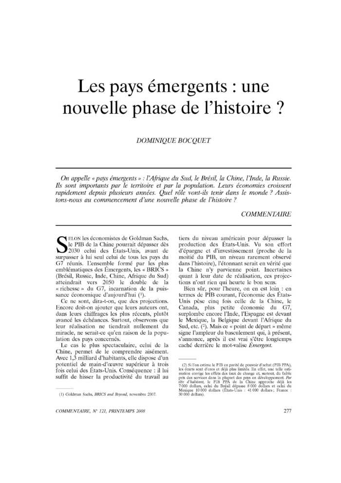 Les pays émergents : une nouvelle phase de l’histoire ?
 – page 1