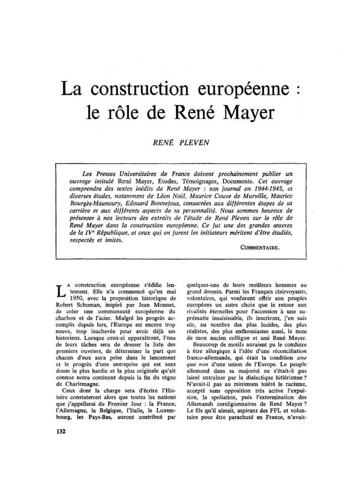 La construction européenne : le rôle de René Mayer
 – page 1