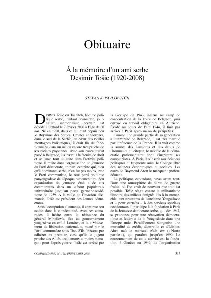 Obituaire. À la mémoire d’un ami serbe Desimir Tosic (1920-2008)
 – page 1