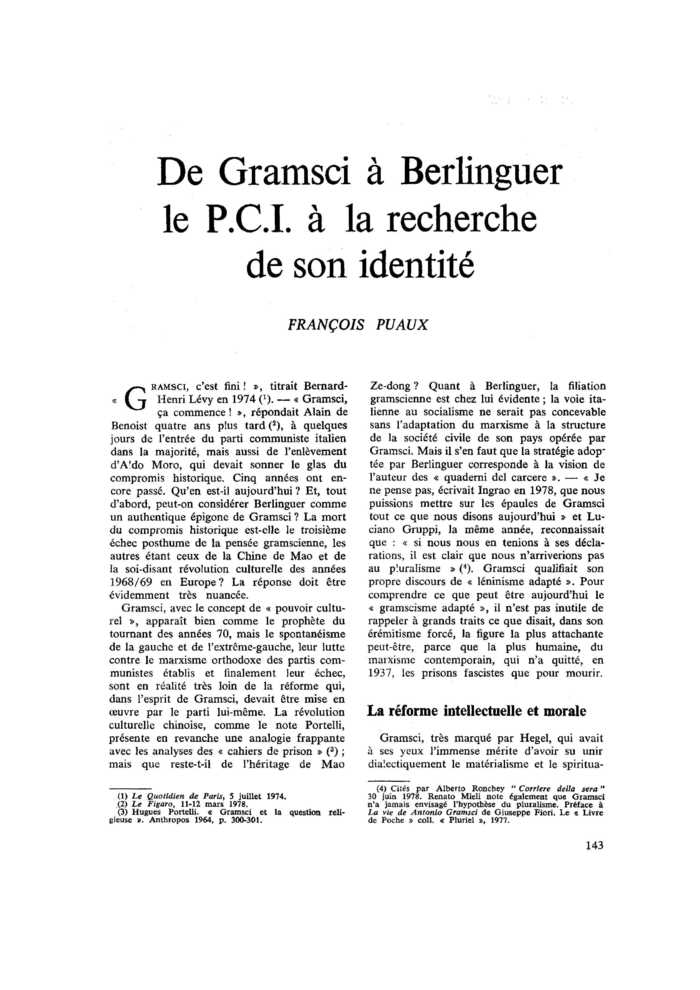 De Gramsci à Berlinguer. Le P.C.I. à la recherche de son identité
 – page 1