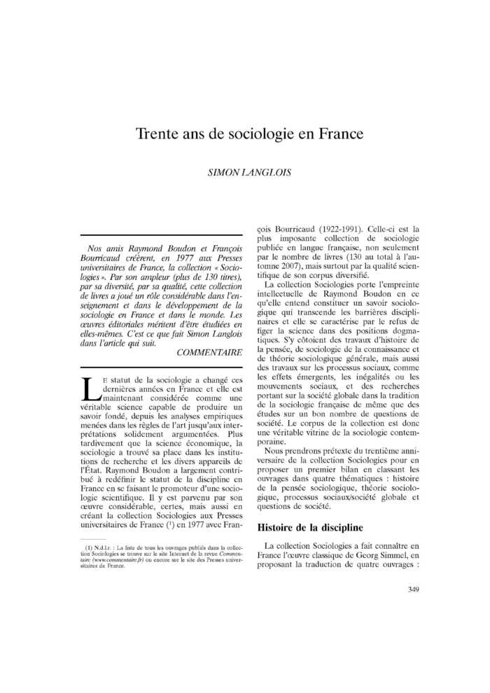 Trente ans de sociologie en France
 – page 1