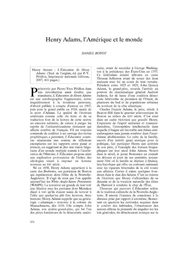 Henry Adams, l’Amérique et le monde
 – page 1