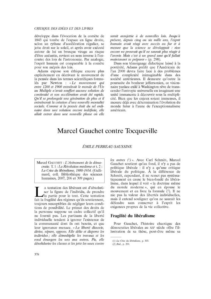 Marcel Gauchet contre Tocqueville
 – page 1