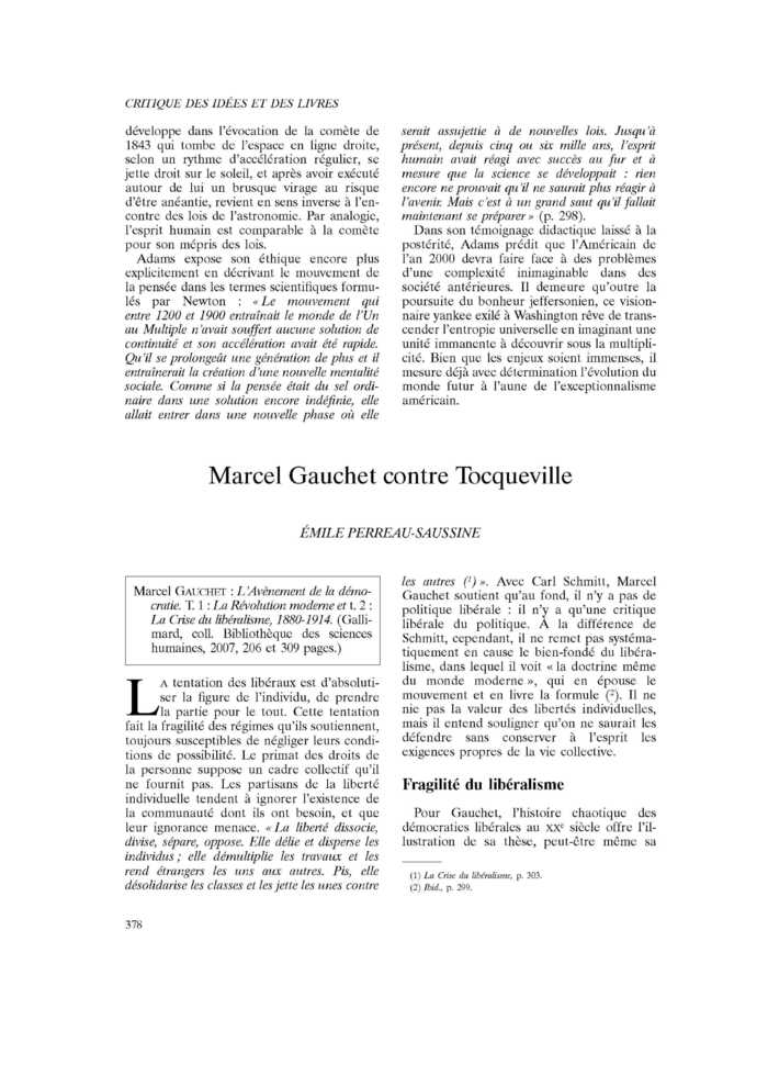 Marcel Gauchet contre Tocqueville
 – page 1