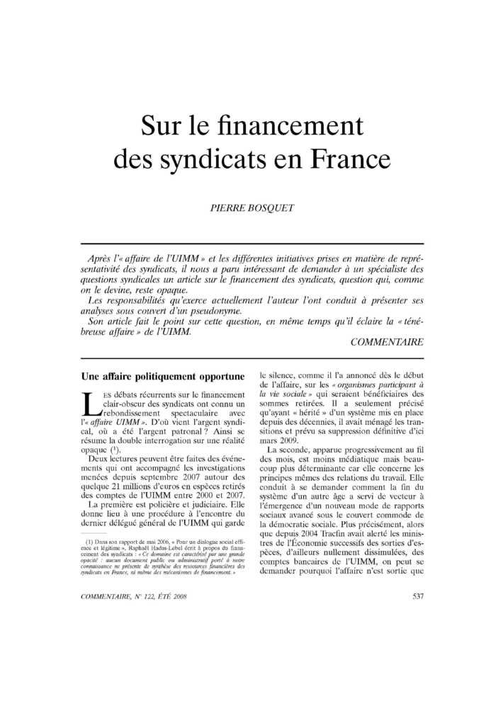 Sur le financement des syndicats en France
 – page 1