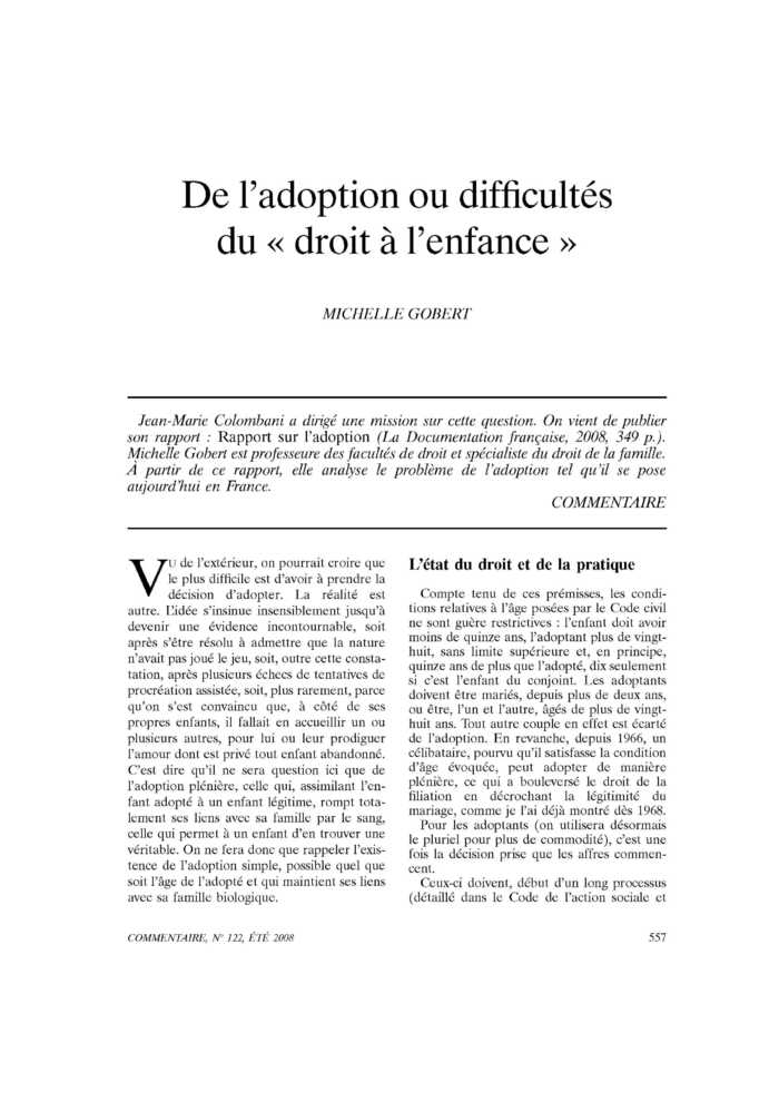 De l’adoption ou difficultés du « droit à l’enfance »
 – page 1