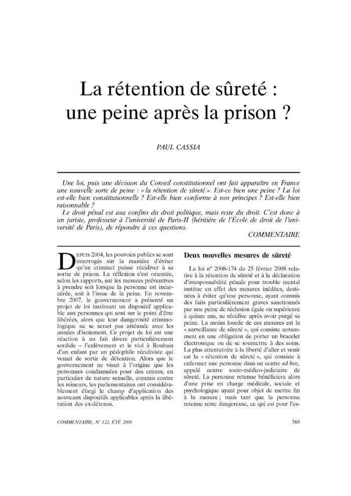 La rétention de sûreté : une peine après la prison ?
 – page 1