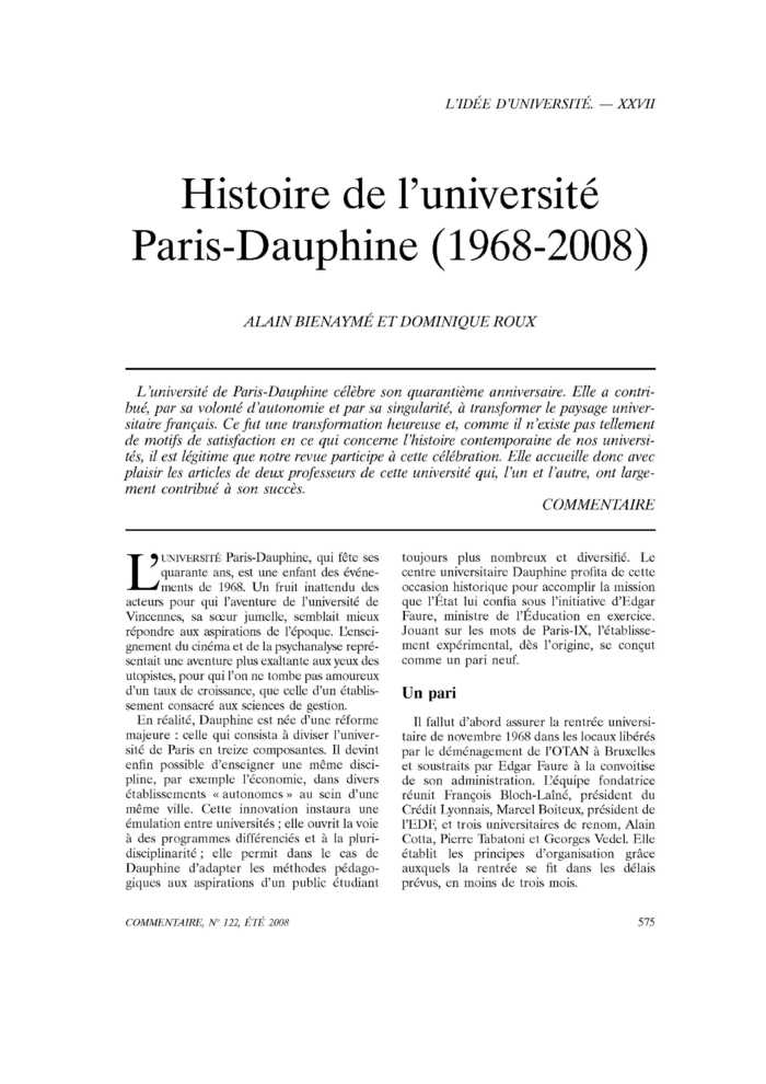 Histoire de l’université Paris-Dauphine (1968-2008)
 – page 1