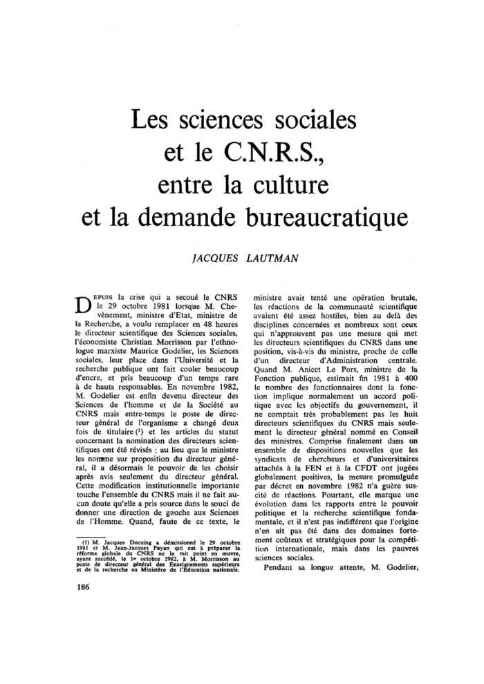 Les sciences sociales et le C.N.R.S., entre la culture et la demande bureaucratique
 – page 1
