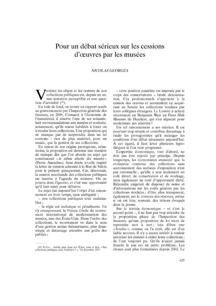 Pour un débat sérieux sur les cessions d’œuvres par les musées
 – page 1