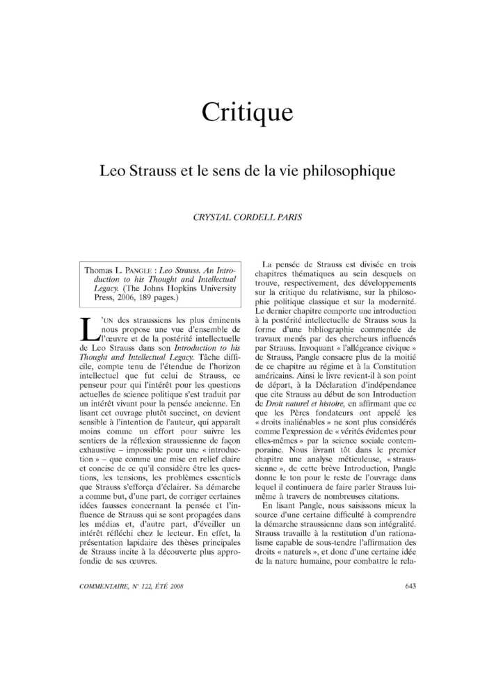 Léo Strauss et le sens de la vie philosophique
 – page 1