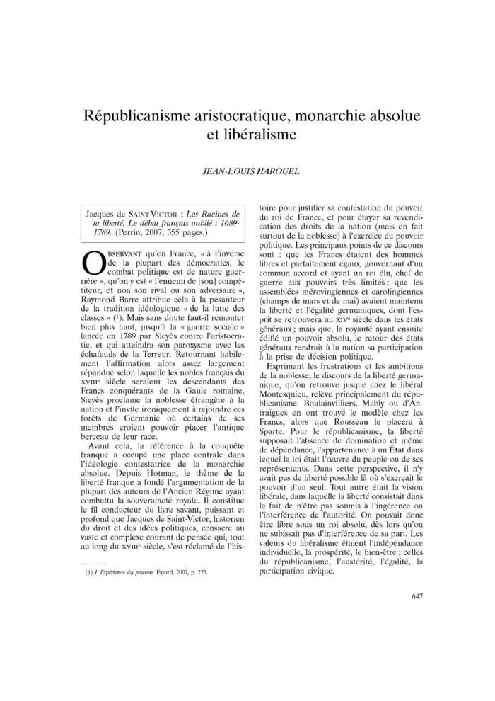 Républicanisme aristocratique, monarchie absolue et libéralisme
 – page 1