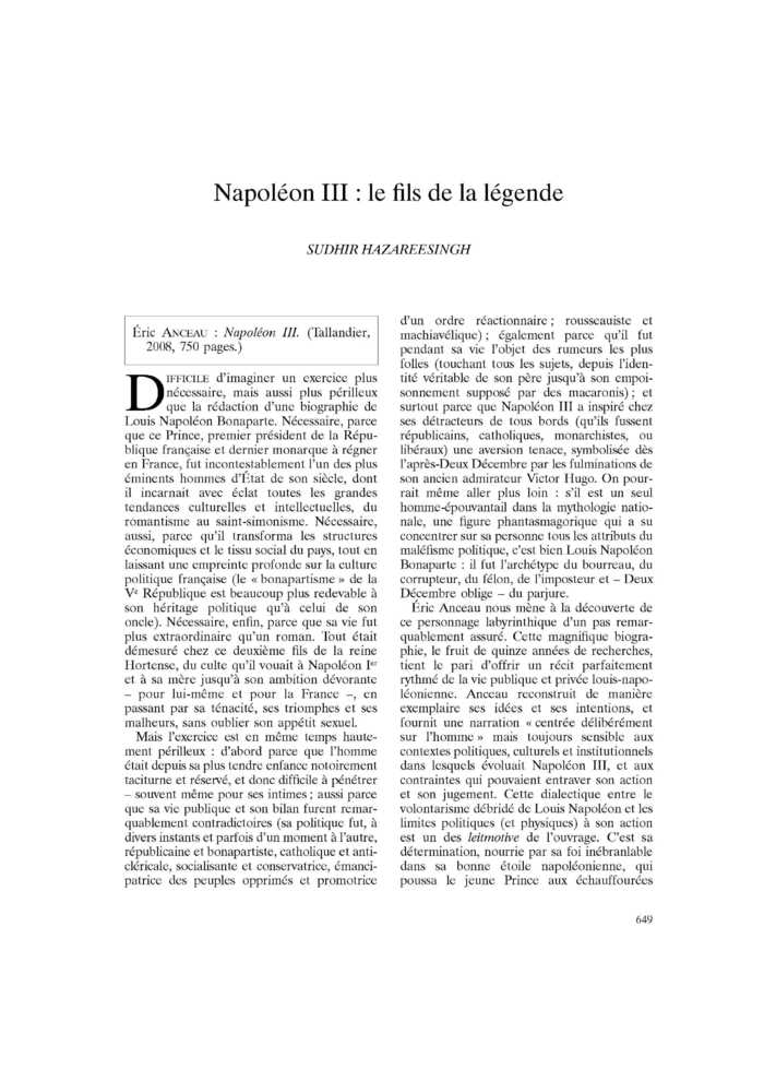 Napoléon III : le fils de la légende
 – page 1