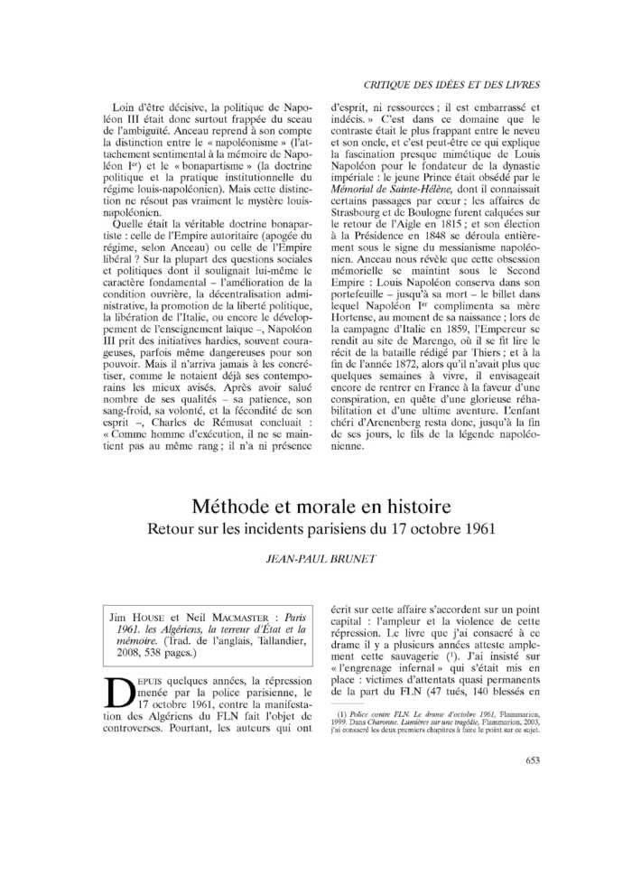 Méthode et morale en histoire. Retour sur les incidents parisiens du 17 octobre 1961
 – page 1