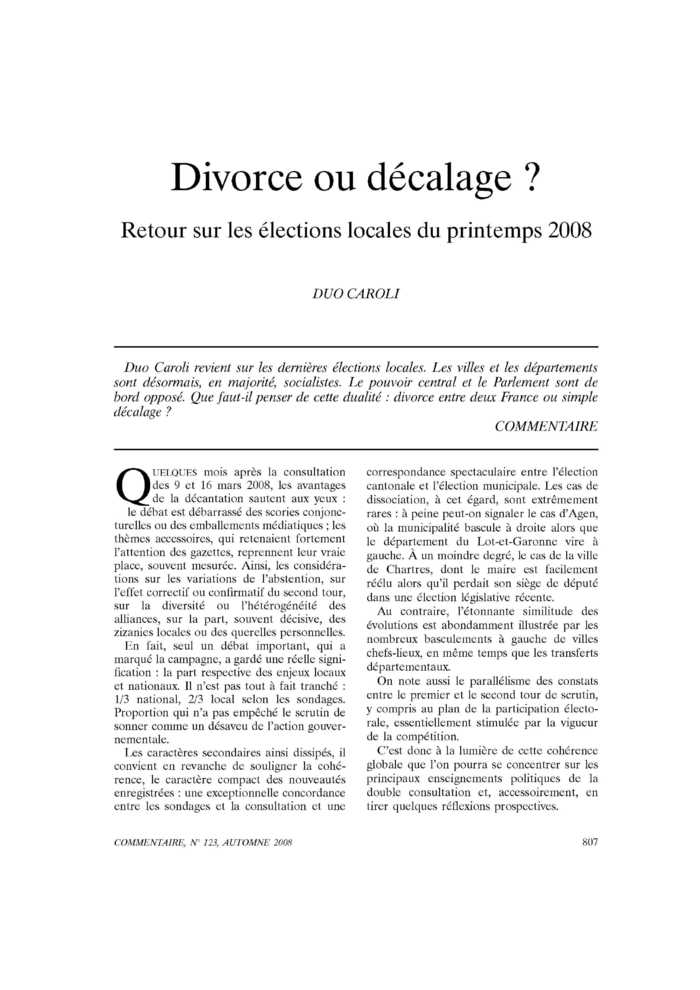 Divorce ou décalage ? Retour sur les élections locales du printemps 2008
 – page 1