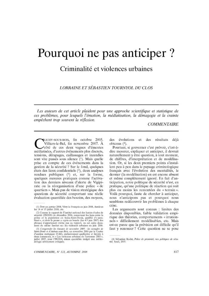 Pourquoi ne pas anticiper ? Criminalité et violences urbaines
 – page 1