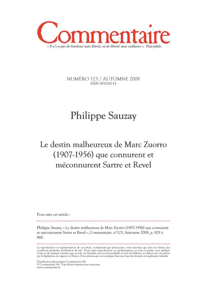 Le destin malheureux de Marc Zuorro (1907-1956) que connurent et méconnurent Sartre et Revel
 – page 1