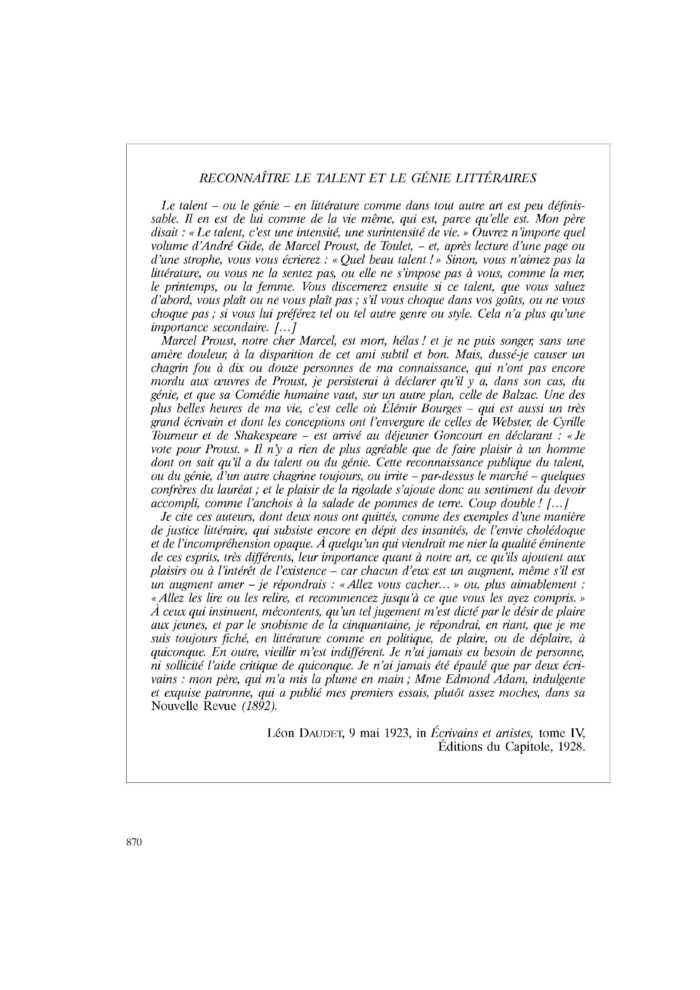 RECONNAÎTRE LE TALENT ET LE GÉNIE LITTÉRAIRES
 – page 1