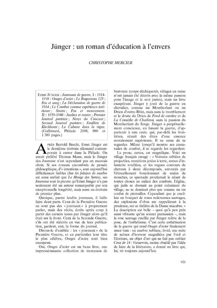 Jünger : un roman d’éducation à l’envers
 – page 1