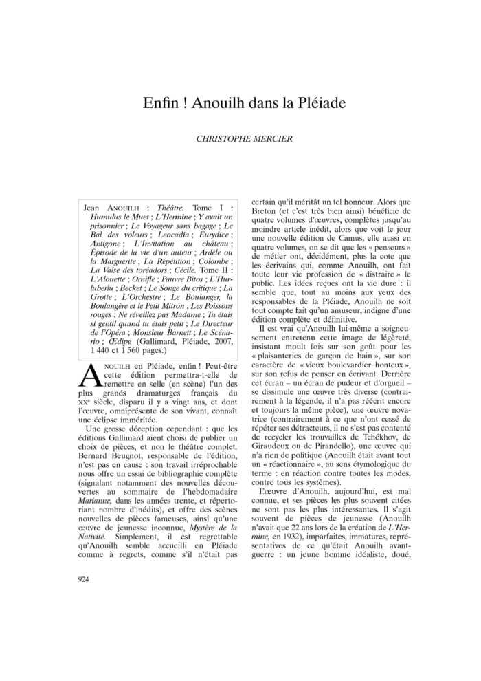 Enfin ! Anouilh dans la Pléiade
 – page 1