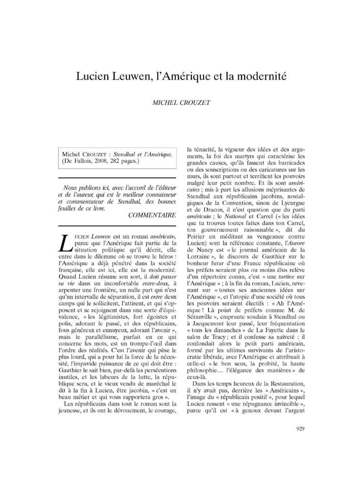 Lucien Leuwen, l’Amérique et la modernité
 – page 1