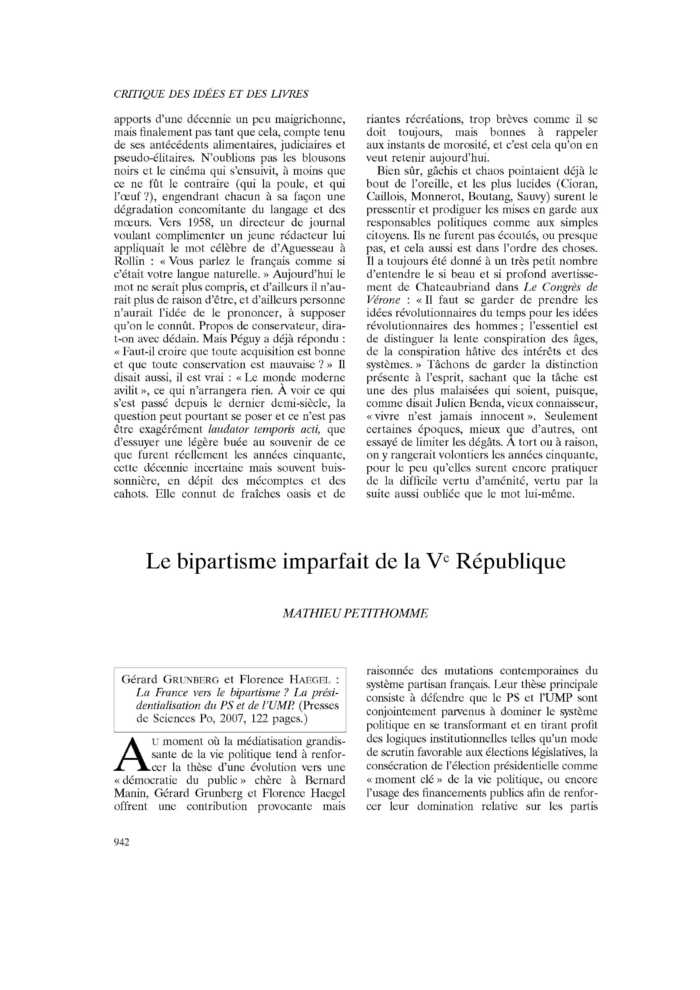 Le bipartisme imparfait de la Ve République
 – page 1
