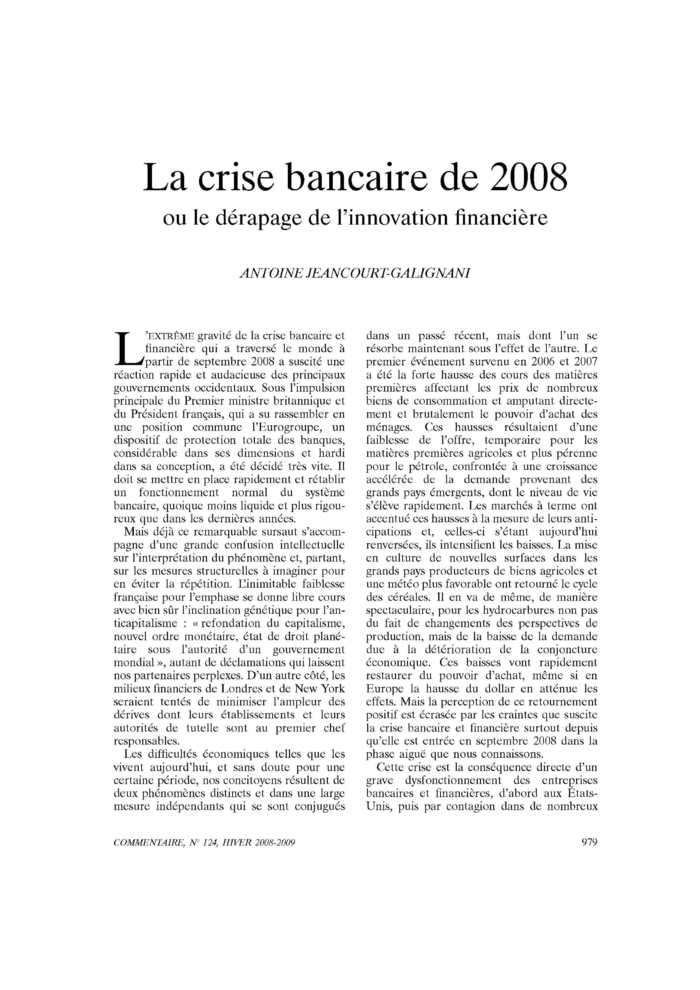 La crise bancaire de 2008 ou le dérapage de l’innovation financière
 – page 1