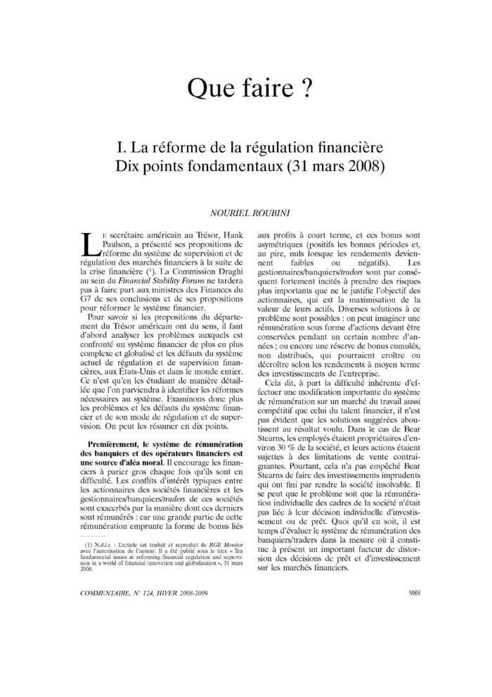 Que faire ? I. La réforme de la régulation financière Dix points fondamentaux (31 mars 2008)
 – page 1