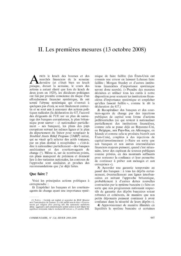 Que faire ? II. Les premières mesures (13 octobre 2008)
 – page 1