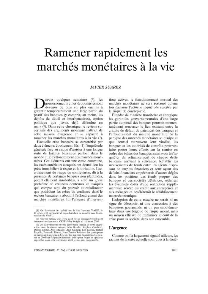 Ramener rapidement les marchés monétaires à la vie
 – page 1
