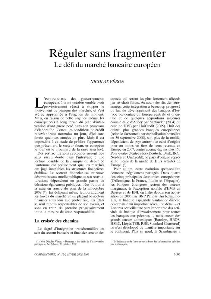 Réguler sans fragmenter. Le défi du marché bancaire européen
 – page 1