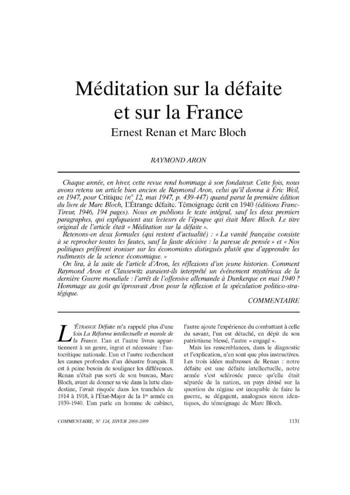 Méditation sur la défaite et sur la France. Ernest Renan et Marc Bloch
 – page 1