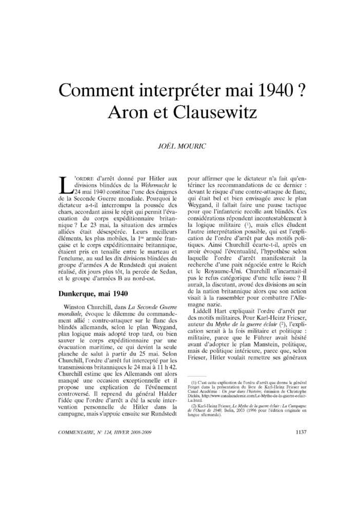Comment interpréter mai 1940 ? Aron et Clausewitz
 – page 1