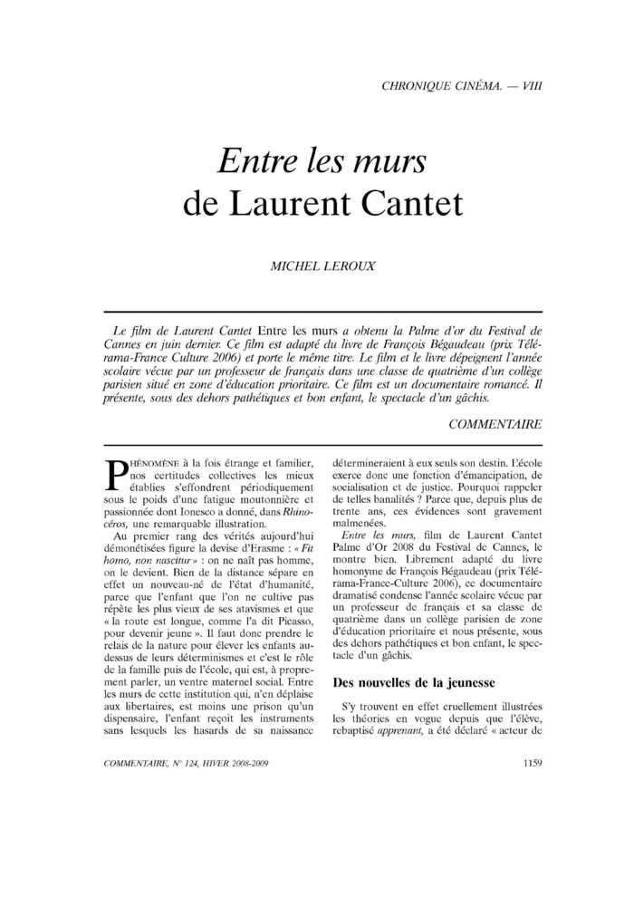 Entre les murs de Laurent Cantet
 – page 1