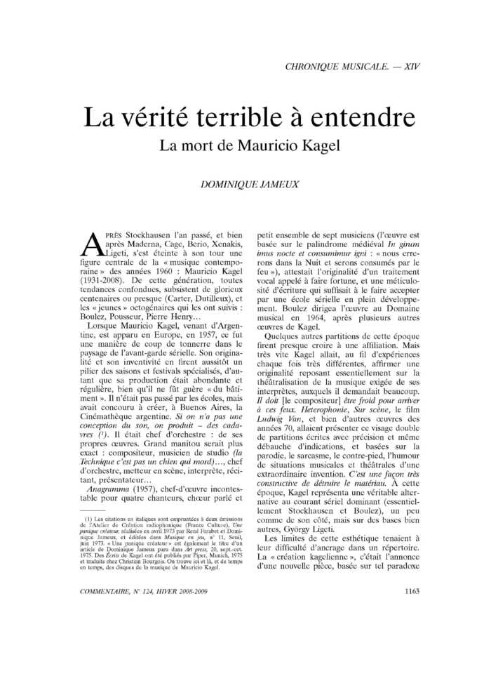 La vérité terrible à entendre. La mort de Mauricio Kagel
 – page 1