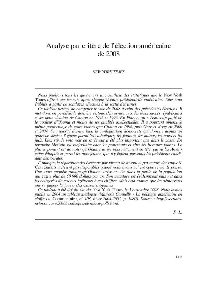 Analyse par critère de l’élection américaine de 2008
 – page 1