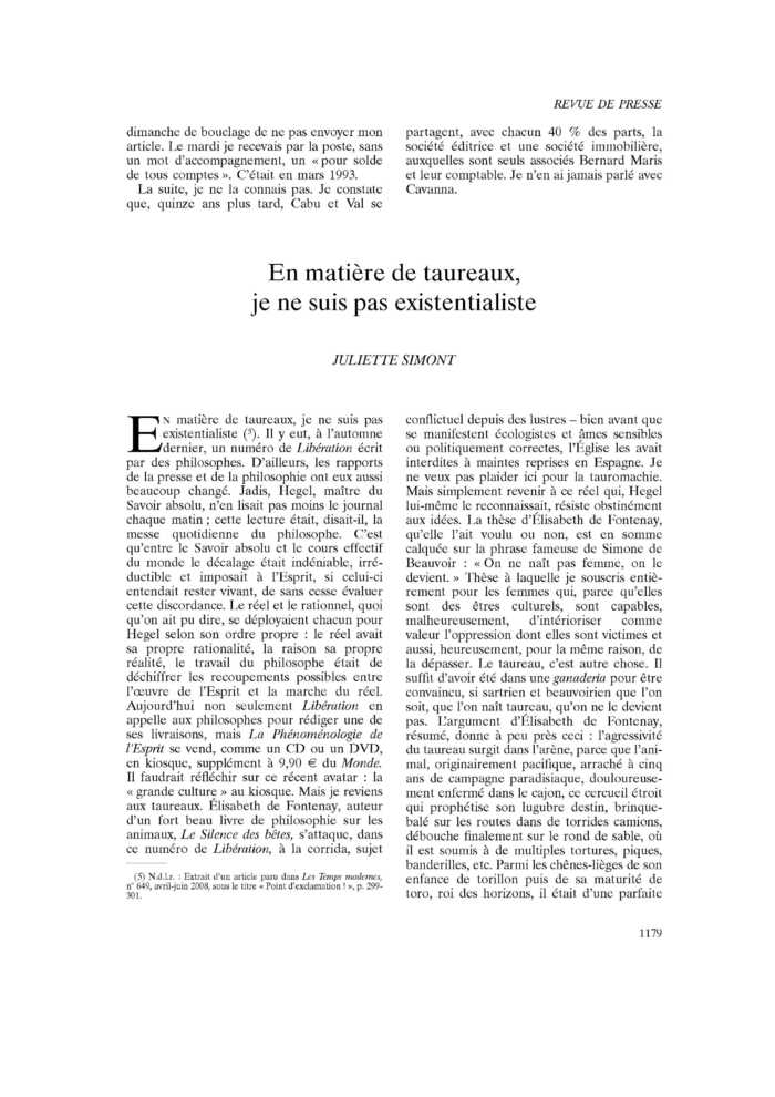 En matière de taureaux, je ne suis pas existentialiste
 – page 1