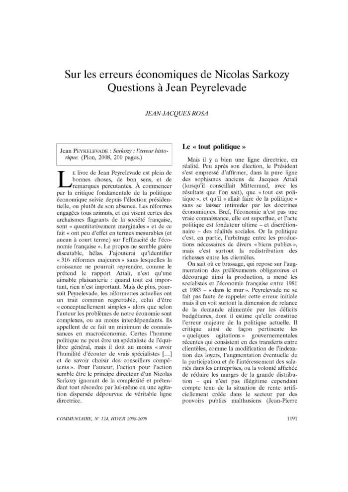 Sur les erreurs économiques de Nicolas Sarkozy. Questions à Jean Peyrelevade
 – page 1