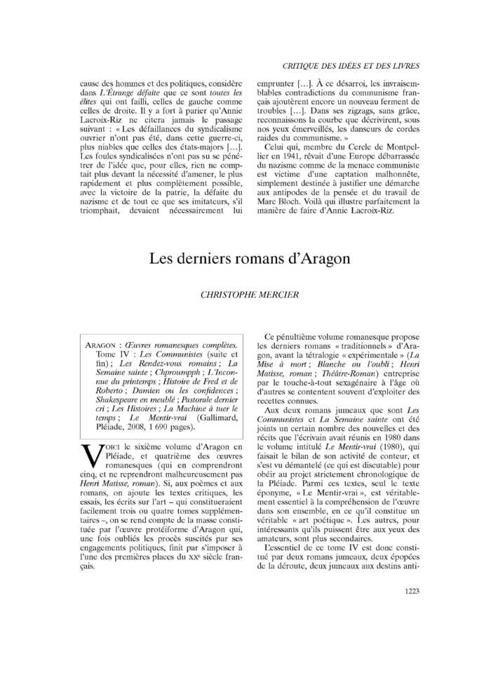 Les derniers romans d’Aragon
 – page 1