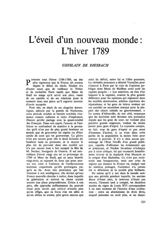 L’éveil d’un nouveau monde : L’hiver 1789
 – page 1