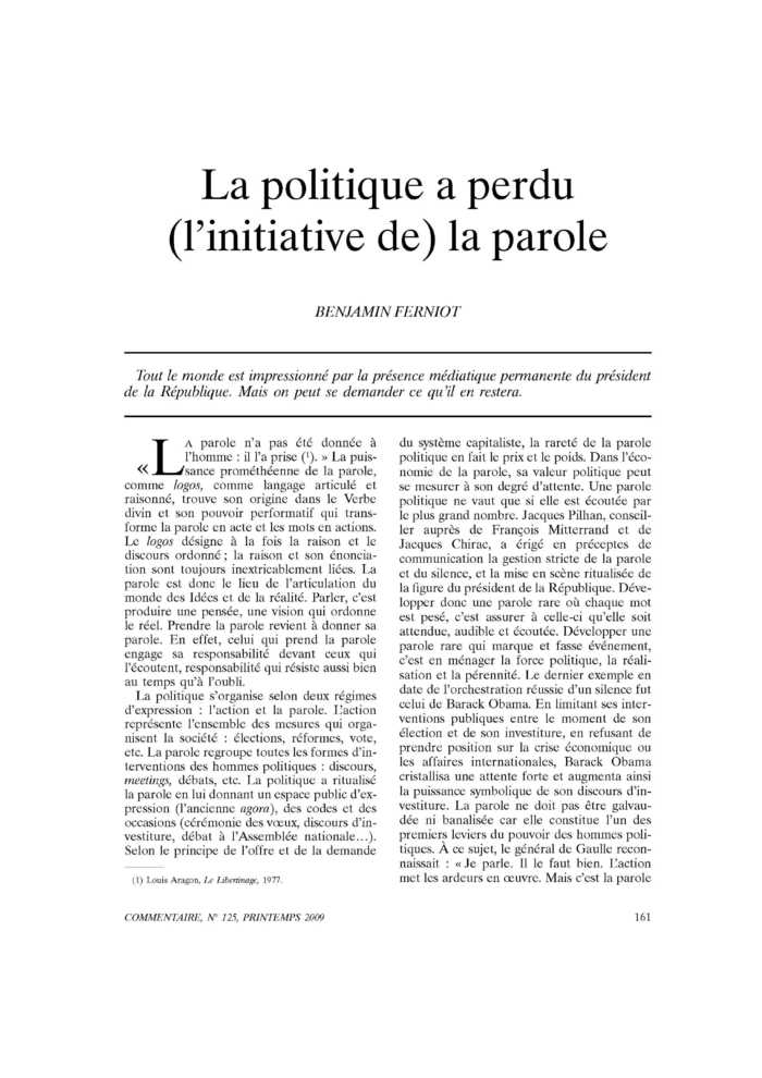 La politique a perdu (l’initiative de) la parole
 – page 1